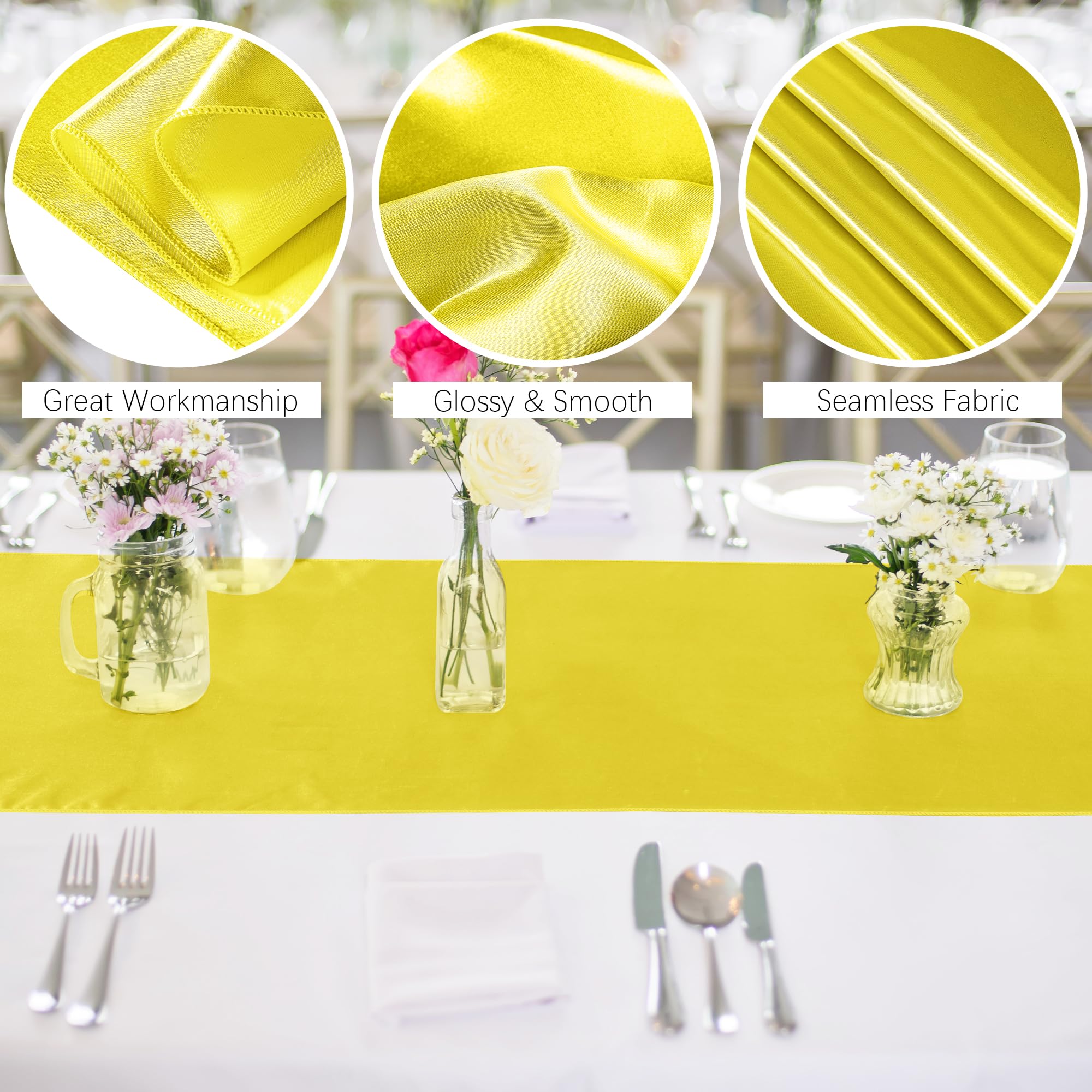 Aneco 12 Pack Satin Table Runner 12 X 108 Inch Yellow Long Wedding Satin Silk Table Runner For Wedding Banquet Graduations Birth